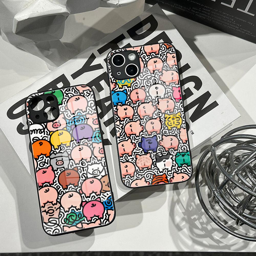 Pc Case Tempered Glass - Cute Pig Doodle Phone Case Tempered
